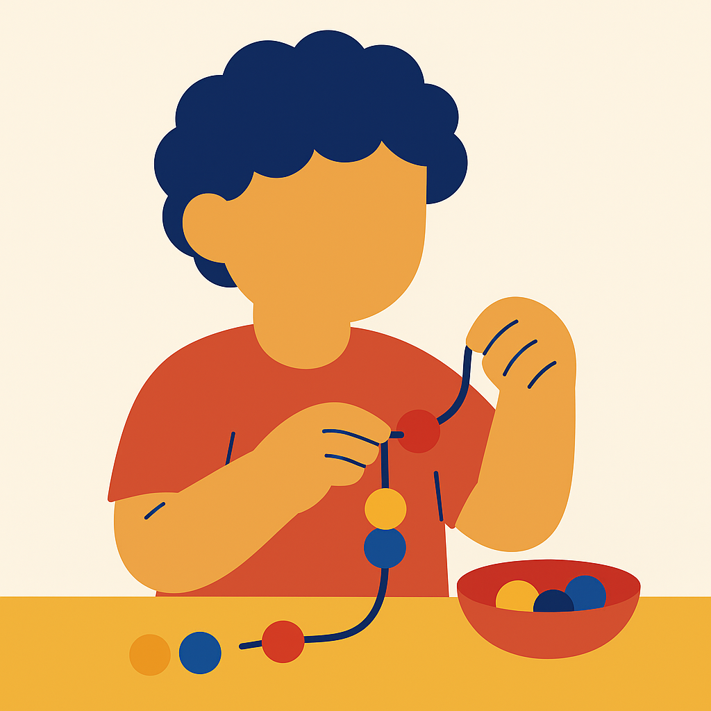 Illustration of a child making a necklace with colorful beads.
