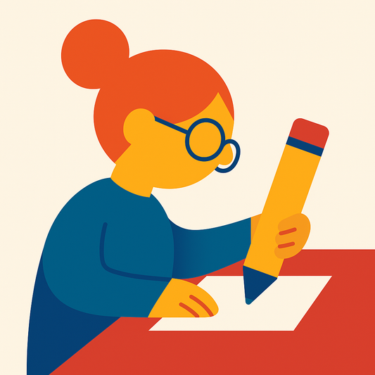 Illustration of a person with glasses holding a large pencil, sitting at a desk.