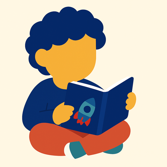 Illustration of a child reading a book with a rocket on the cover.