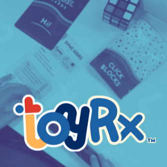ToyRx product with packaging and branding on a blue background
